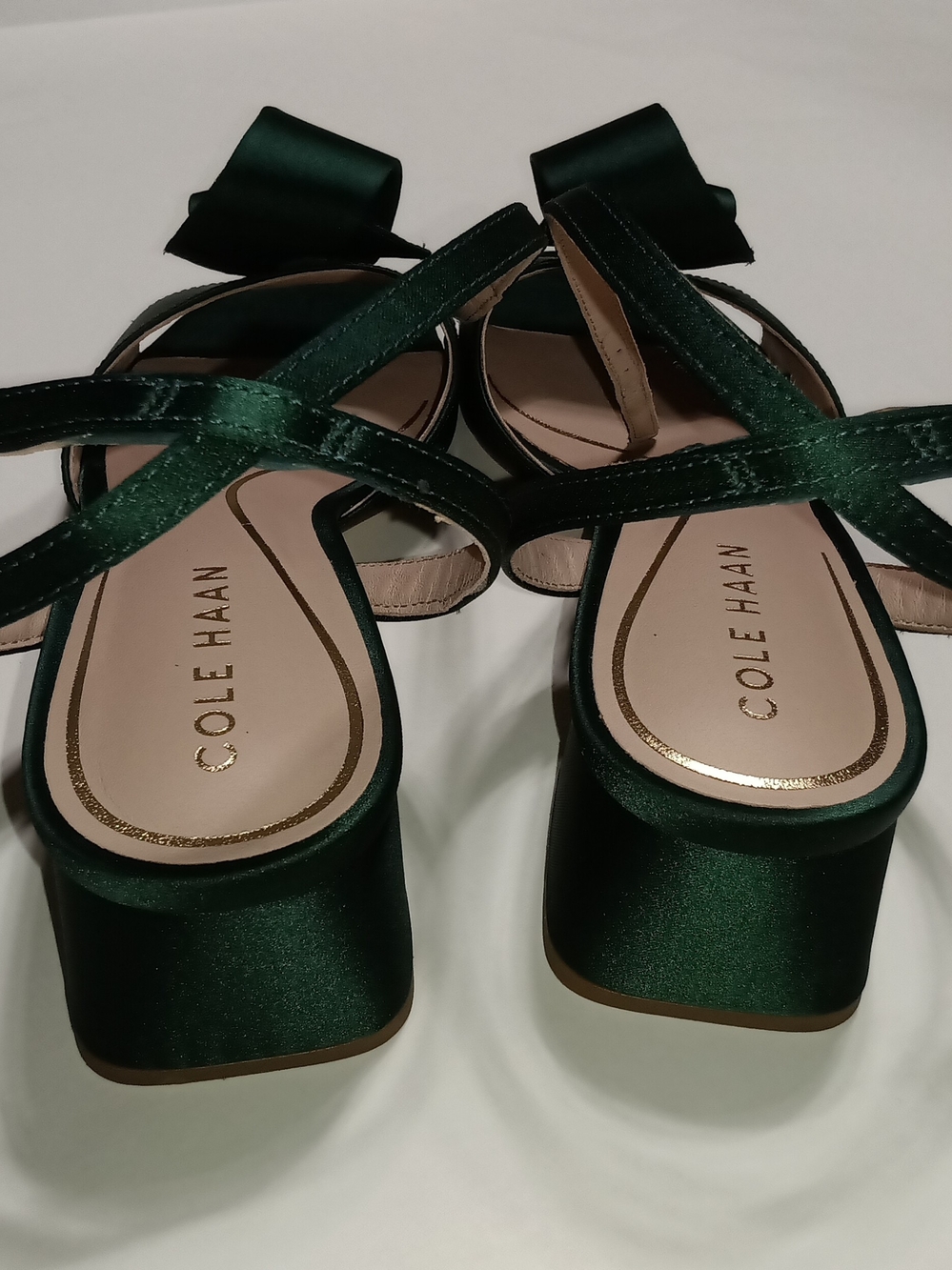 Cole Haan Florette Rainforest Green Satin Bow Ankle-Strap Heels Size 6 - Picture 7 of 13